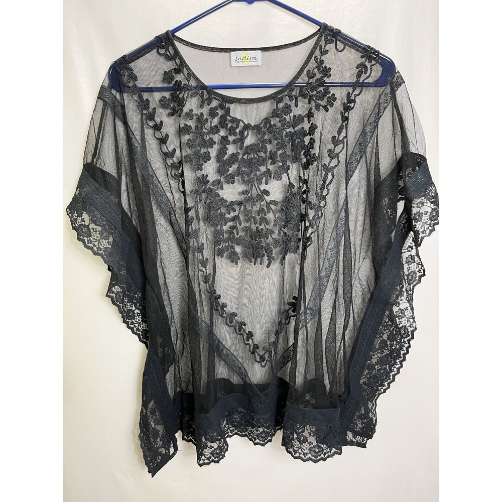 Indira Black Shear Mesh Lace Embroidery Kimono Top Poncho Boho Ferry Grunge L/XL
